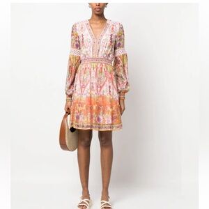 Hale Bob Dress V-neck puff-sleeve Edlynn Chiffon Mini Long Sleeve Floral Small